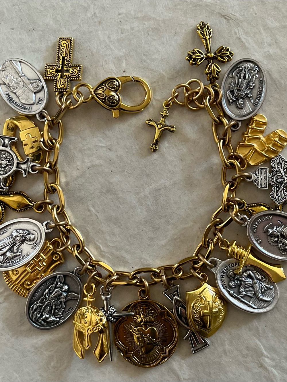 Armor of God Charm Bracelet w Crosses and Sacred Heart Coin, Medals - Picture 5 of 9